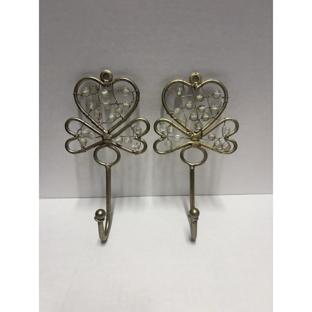 Heart Metal Wall Hooks Beaded Shabby Chic Cottage Decor 7 Inch Long Set of 2